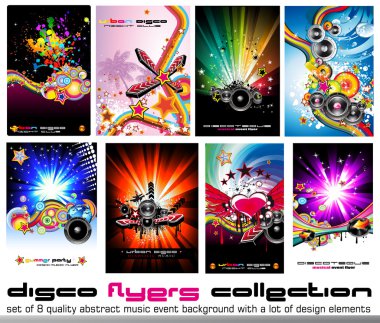 8 Quality Colorful Background for Discoteque Event Flyers with music design clipart