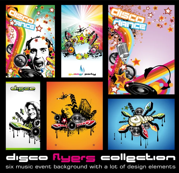 Set van 6 kwaliteit kleurrijke achtergrond voor discotheek gebeurtenis flyers met muziek — Stockvector