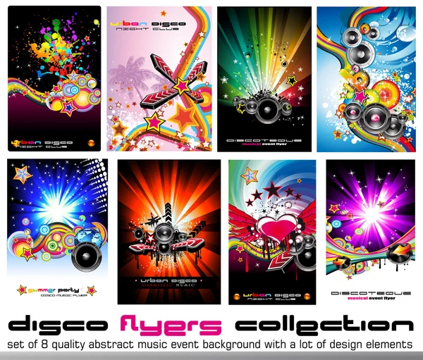 8 hochwertige bunte Hintergrund für Disco-Event-Flyer mit Musik-Design — Stockvektor
