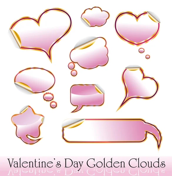 Valentinstag rot-goldene Herzen und Wolken Aufkleber — Stockvektor