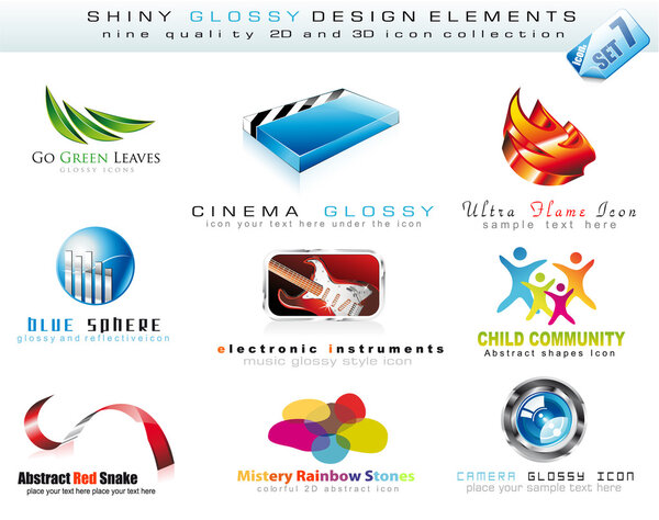 2D and 3D Design Element Collection with colorful Shiny Icons