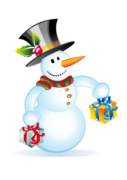 Boneco de neve engraçado com duas caixas de presente — Vetor de Stock