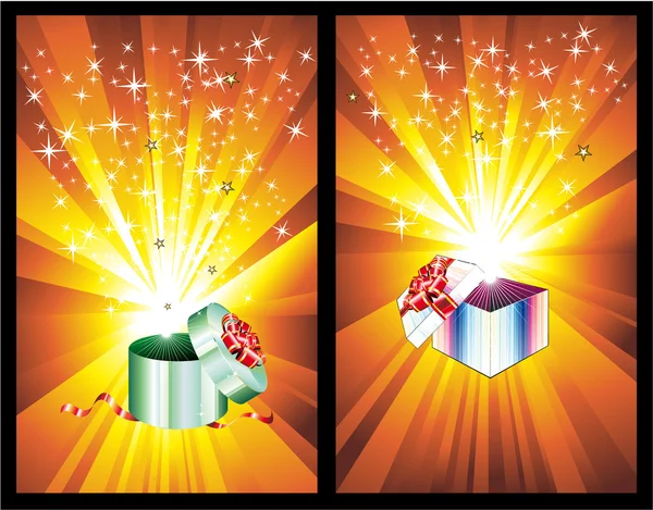 Boîte cadeau décorée 3D avec des lumières à rayons — Image vectorielle