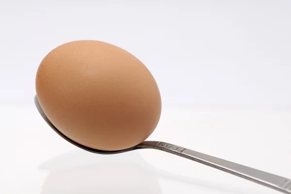 One egg on teaspone, white background. — Stock Photo, Image