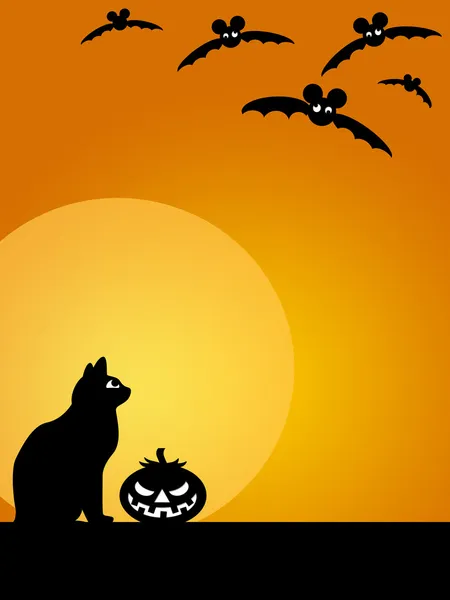 Halloween Carved Pumpkin Cat Moon and Bats — Stock Photo, Image