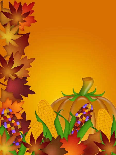 Pumpkin Ornamental Corn and Fall Leaves — Stock Photo, Image
