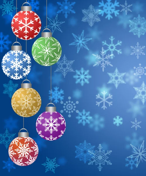 Hängende Ornamente auf verschwommenem Schneeflocken-Hintergrund — Stockfoto