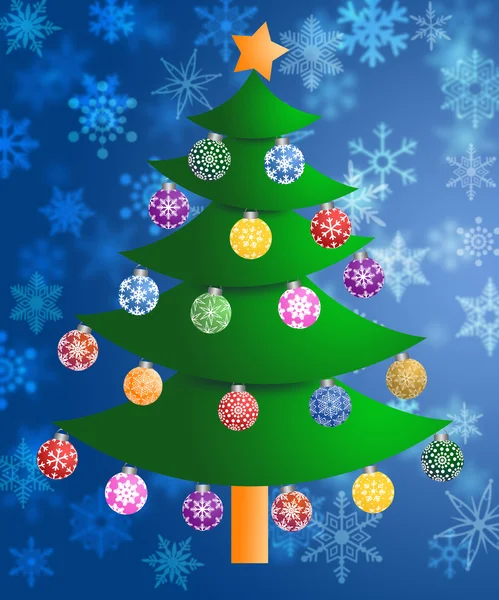 Bulanık kar taneleri arka plan üzerinde renkli Noel ağacı — Stok fotoğraf