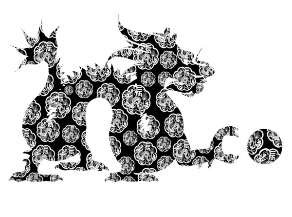 Dragão chinês sentado motivo arcaico preto e branco Clip Art — Fotografia de Stock