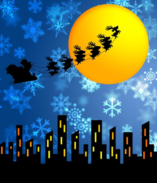 Weihnachtsschlitten und Rentiere fliegen über die Stadt — Stockfoto