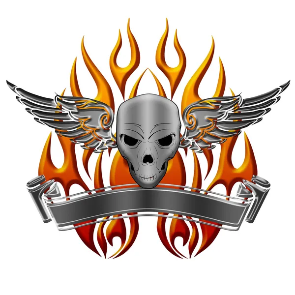 Totenkopf mit Flügeln Flammen und Banner — Stockfoto