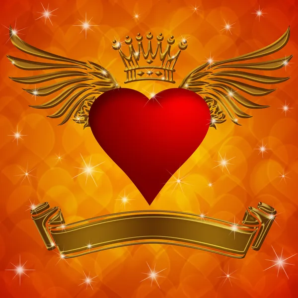 Coeur Saint-Valentin avec ailes de couronne et bannière — Photo