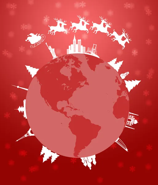 Santa trineo y renos volando alrededor del mundo rojo — Foto de Stock