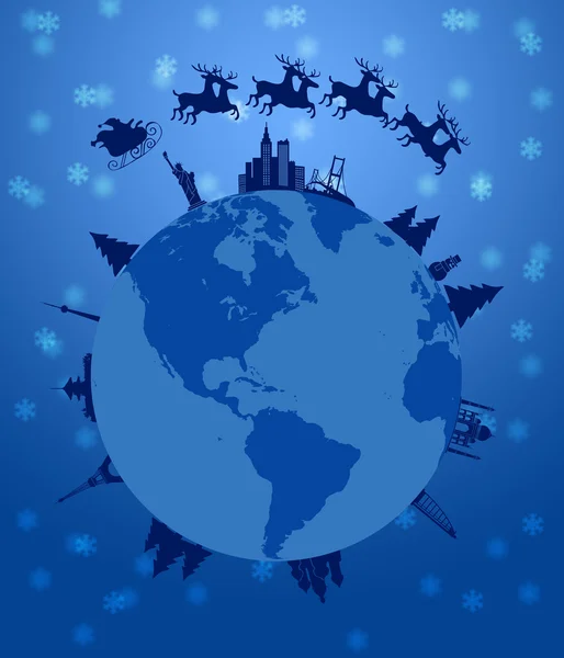 Weihnachtsschlitten und Rentiere fliegen um die Welt — Stockfoto