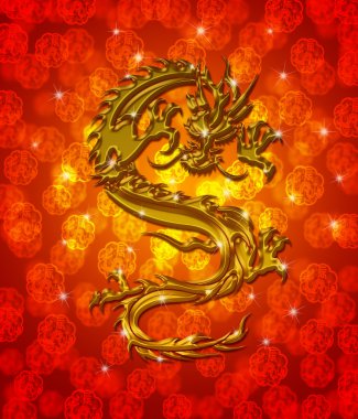 Golden Metallic Chinese Dragon on Red Blurred Background clipart