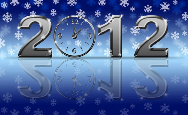 Zilver 2012 gelukkig Nieuwjaar klok met sneeuwvlokken — Stockfoto
