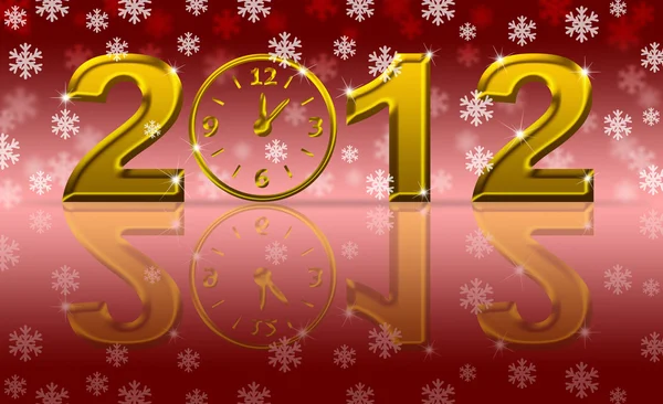 Oro 2012 Feliz Año Nuevo Reloj con copos de nieve —  Fotos de Stock