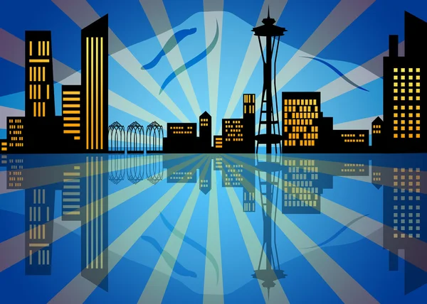 Riflessione di Seattle City Skyline di notte — Foto Stock