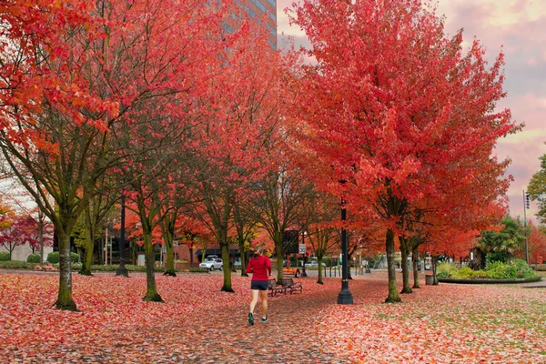 女子慢跑在波特兰俄勒冈州市中心 waterfron 公园 — 图库照片