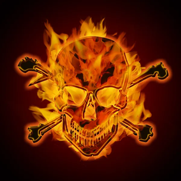 Fuego ardiente llama cráneo metálico con huesos cruzados —  Fotos de Stock