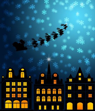 Santa Sleigh Reindeer Flying Over Victorian Houses clipart