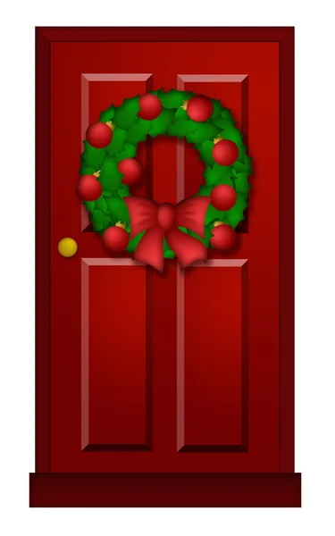 Karácsonyi koszorú ábrán piros ajtó — Stock Fotó