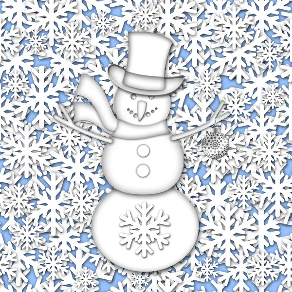 Schneemann über weißen Schneeflocken Hintergrund — Stockfoto