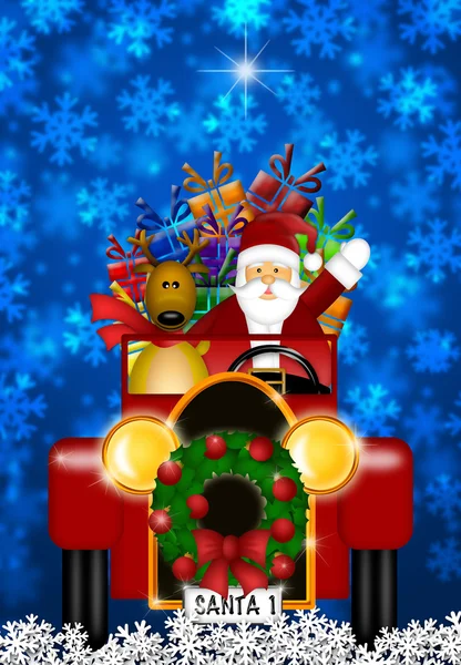 Санта-Клаус и олени едут на винтажном красном автомобиле — стоковое фото