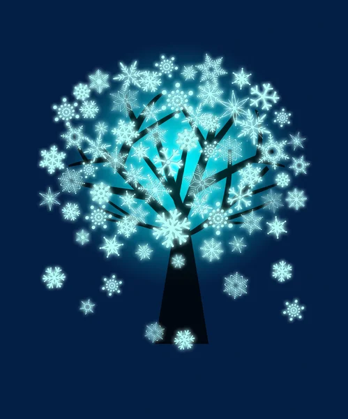 Árbol de copos de nieve de Navidad en invierno sobre fondo azul —  Fotos de Stock