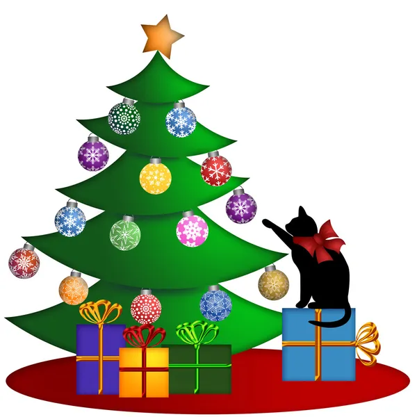 Julgran med presenterar ornament och katt — Stockfoto