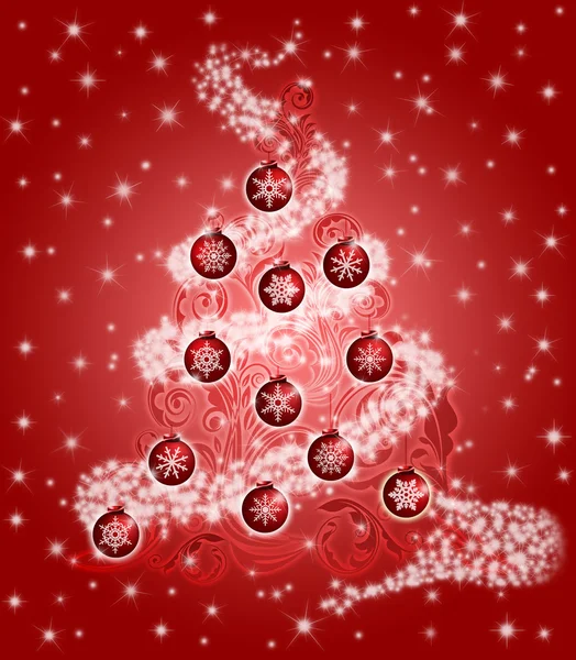 Albero di Natale con turbinii di foglie Brilla e Ornamenti Rosso — Foto Stock