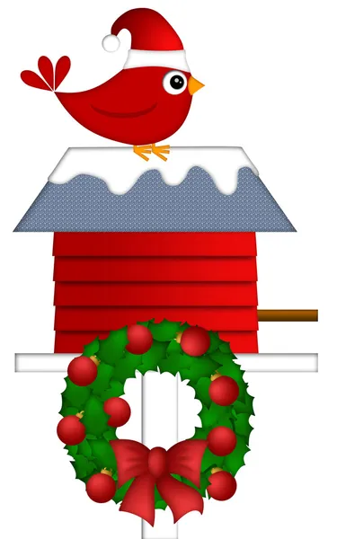 Christmas Red Cardinal Sitting on Birdhouse — Stock Photo, Image