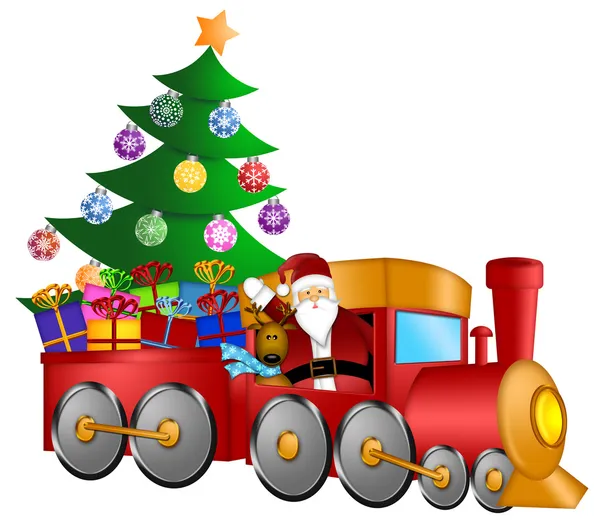 Santa ve vlaku s dárky a vánoční stromeček — Stock fotografie