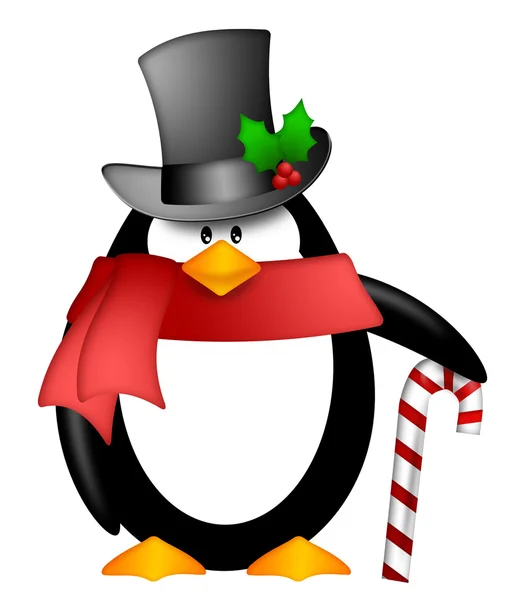 Penguin with Top Hat Red Scarf and Candy Cane Clipart — Stock Photo, Image