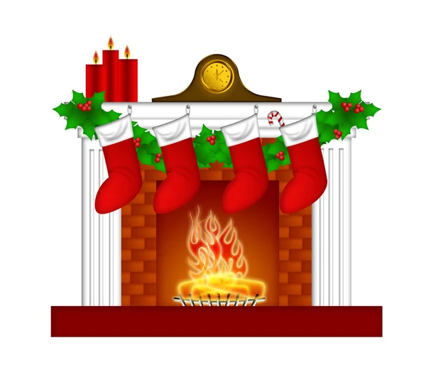 Ognisko Bożego Narodzenia ozdoba wth pończochy i garland — Zdjęcie stockowe