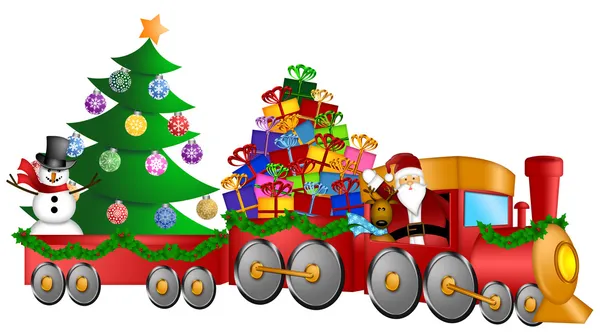 在火车与礼物和圣诞树圣诞老人驯鹿雪人 — 图库照片