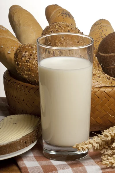 stock image Bread and milk glass