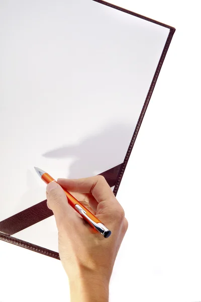 Writing hand on blank board — Stock Photo, Image