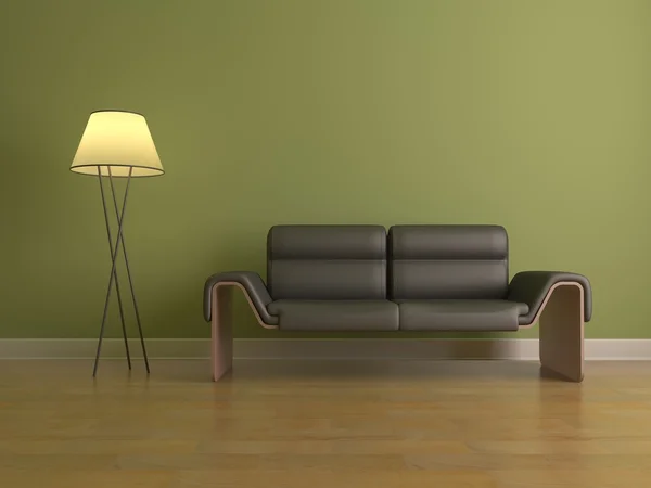 Черный диван с лампой — стоковое фото