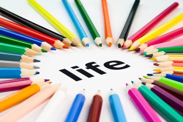 stock image Many colored pencils arranged in circle on the word life