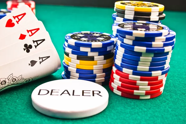 Dealer chips poker poker aces — Stock Photo, Image