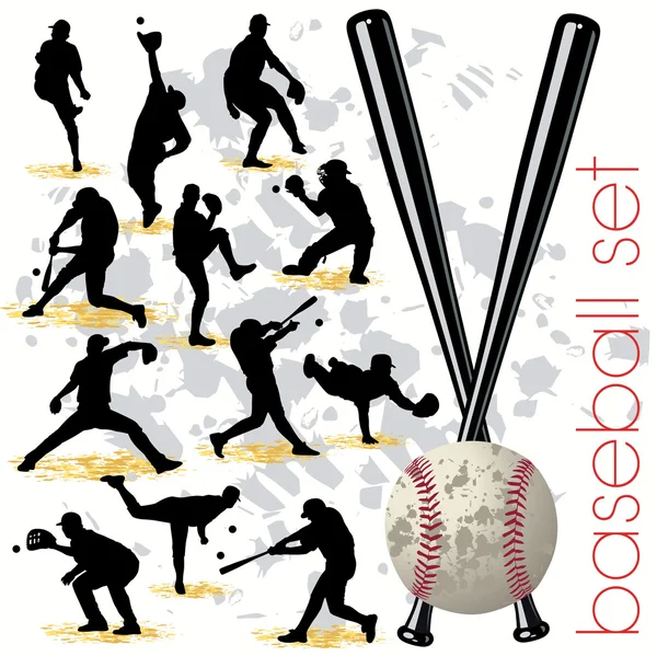 Jogo de silhuetas de jogadores de beisebol — Vetor de Stock