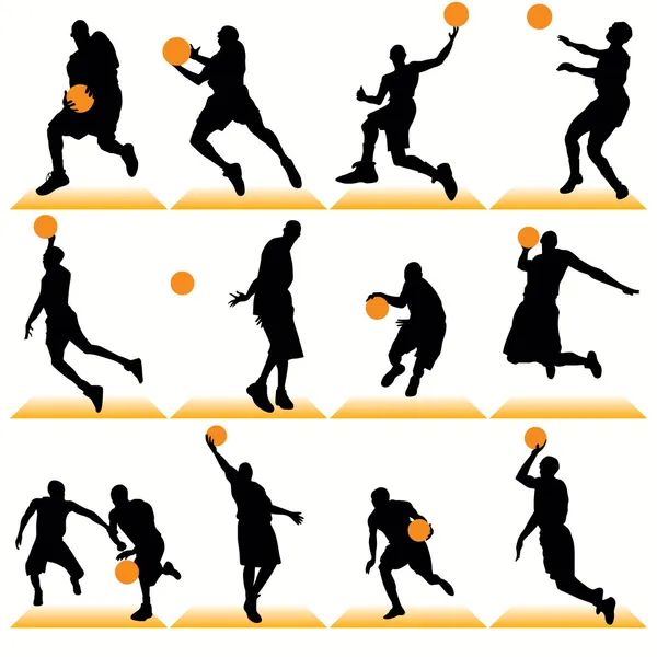 Basket spelare Silhuetter Set — Stock vektor