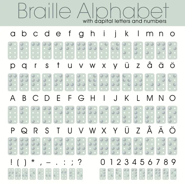 Braille alphabet with letters and numbers — Stock Vector