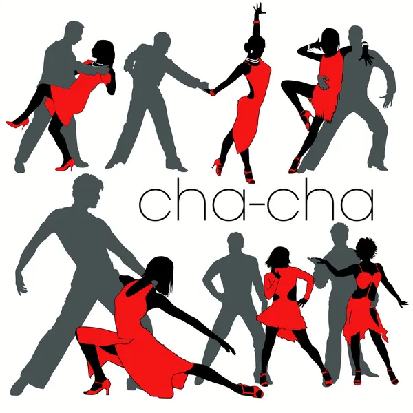 Cha-cha dançarinos silhuetas conjunto — Vetor de Stock