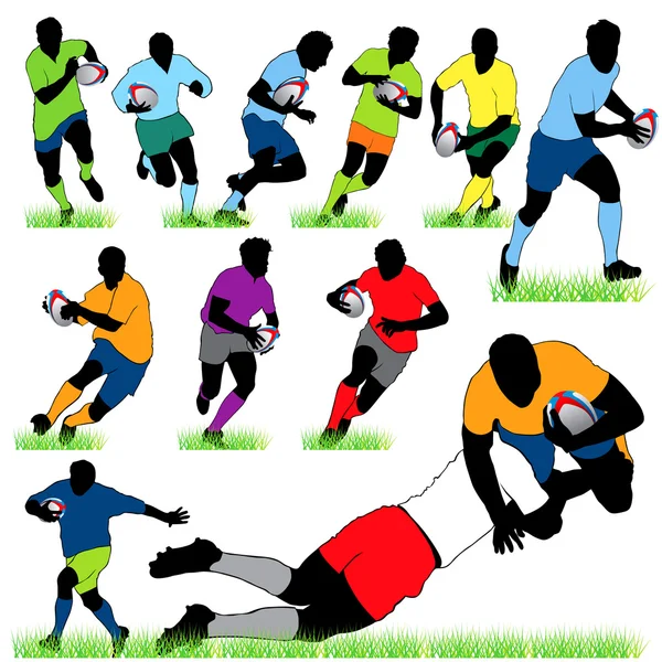 12 Rugby Players Silhouettes Set — Stock Vector