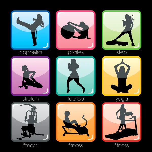 Fitness Silhouettes Buttons Set — Stock Vector