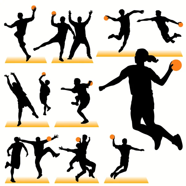 Ensemble de 14 Silhouettes de Joueurs de Handball — Image vectorielle