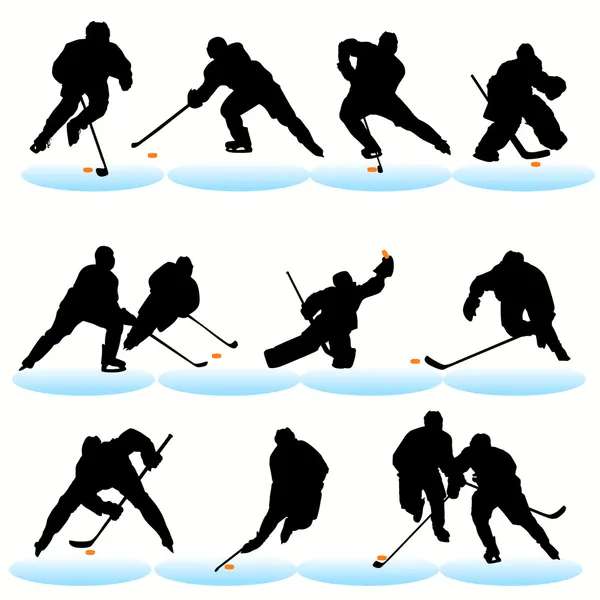 12 Juego de siluetas de jugadores de hockey — Vector de stock