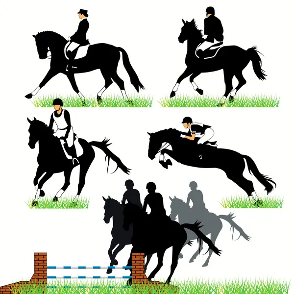 Jockeys en paarden silhouetten — Stockvector